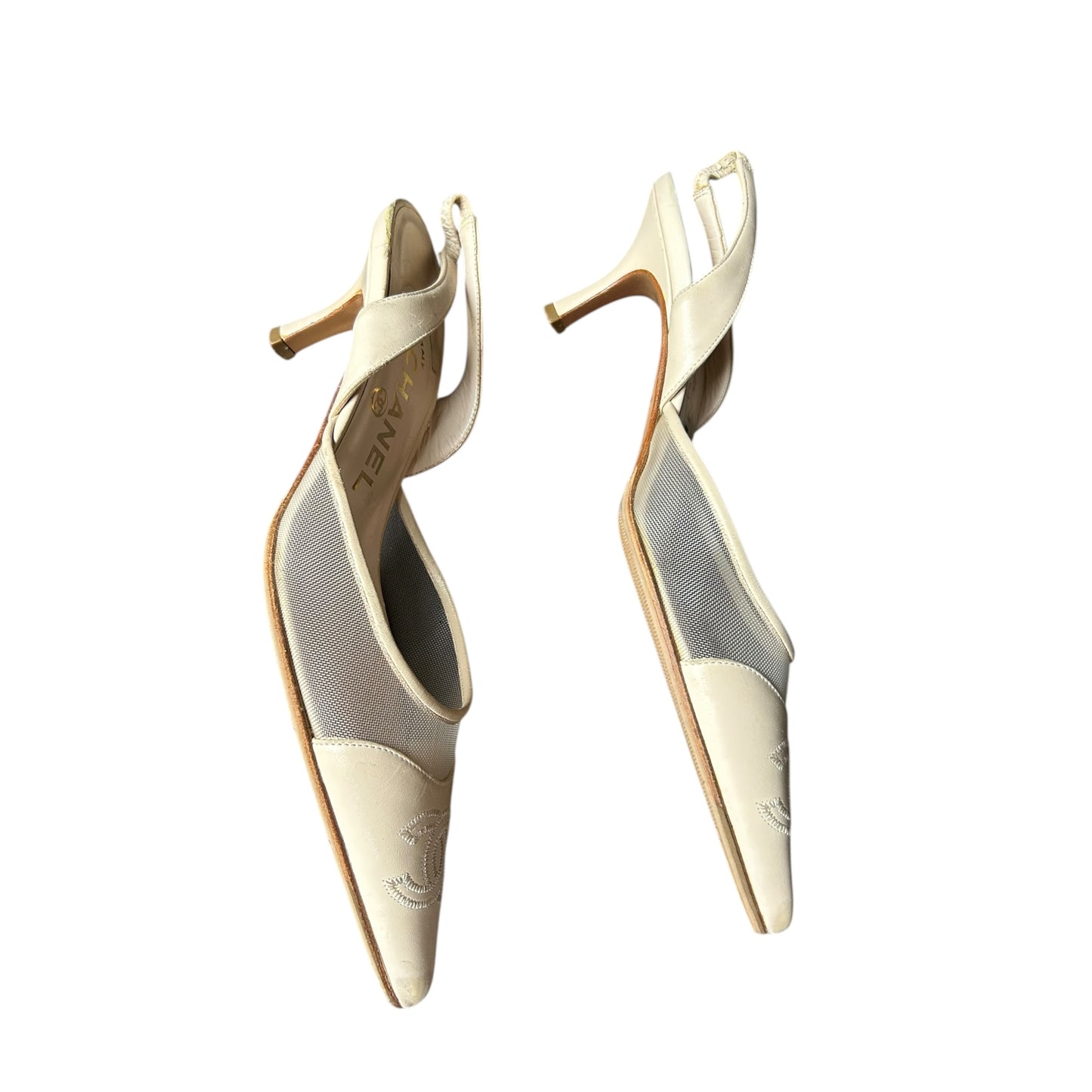 Vintage Chanel CC interlocking logo mesh ivory slingback heels by Karl Lagerfeld/ 36.5