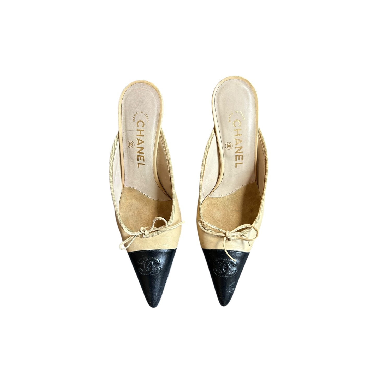 Vintage Chanel two tone CC logo mule heels by Karl Lagerfeld/ 37.5