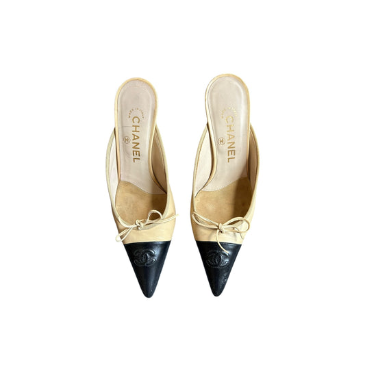 Vintage Chanel two tone CC logo mule heels by Karl Lagerfeld/ 37.5