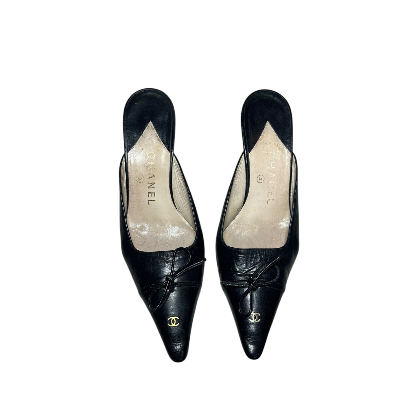 Vintage Chanel black leather CC interlocking gold logo mules / 37.5