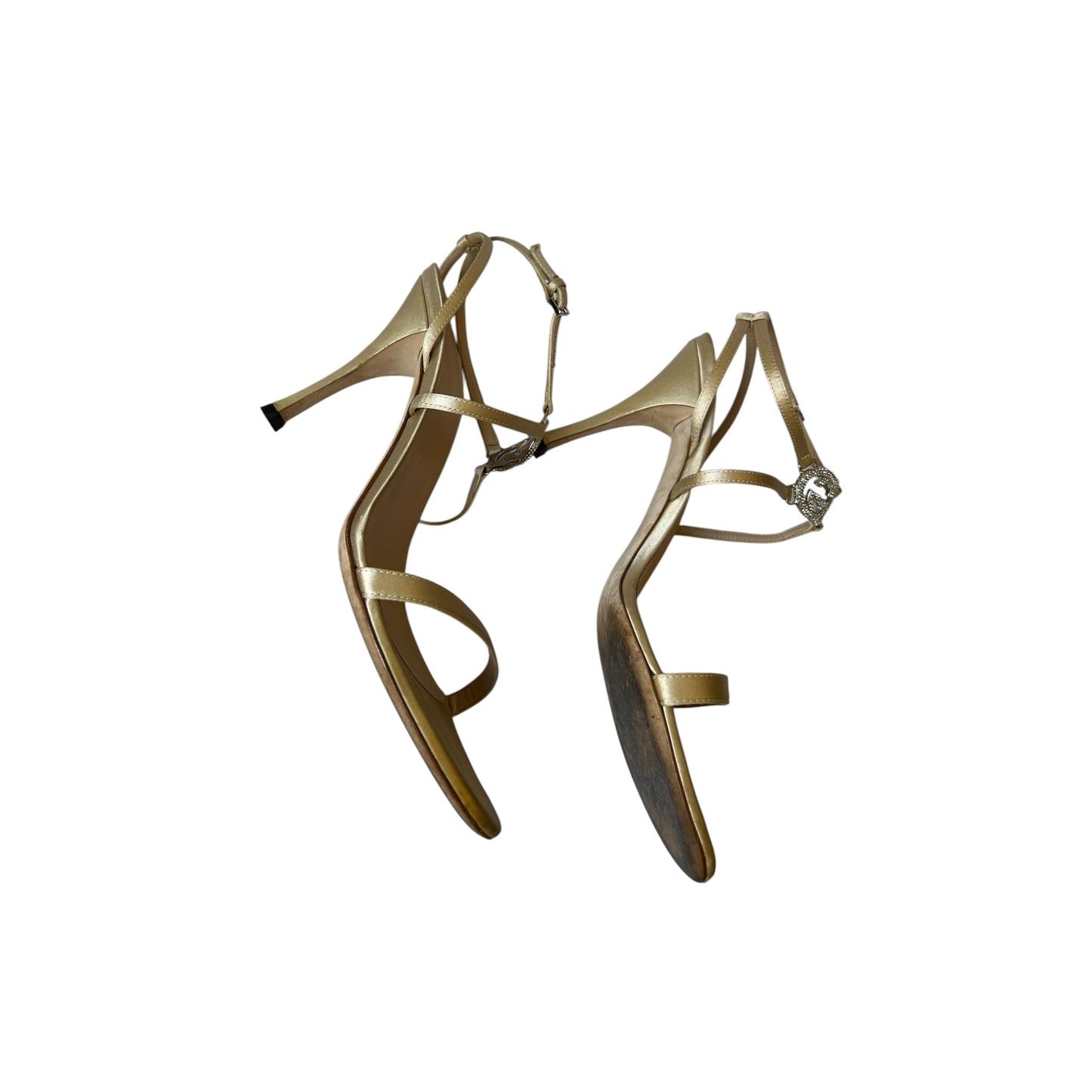 Vintage Gucci cream satin GG crystal logo sandal heels / 38.5