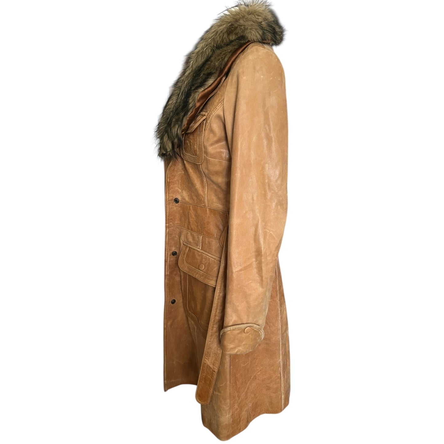 Vintage cognac leather coat washed look with fur detail