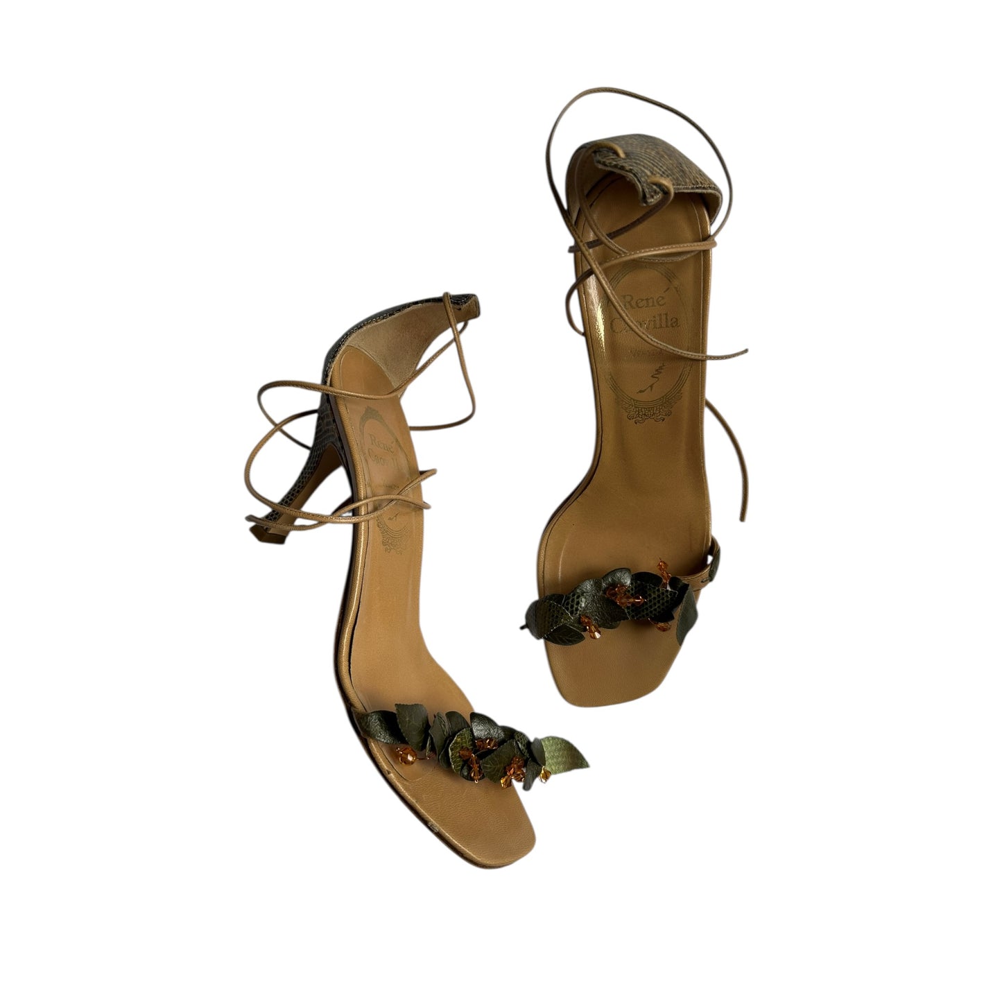 Vintage Rene Caovilla floral leaf wrap around lizard skin heels / 36