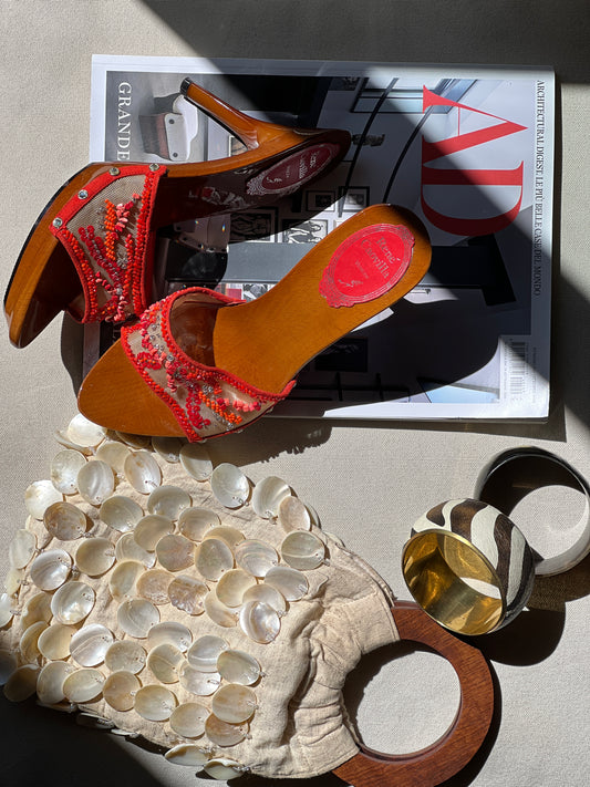 Vintage Rene Caovilla mesh red beaded mule heels / 36