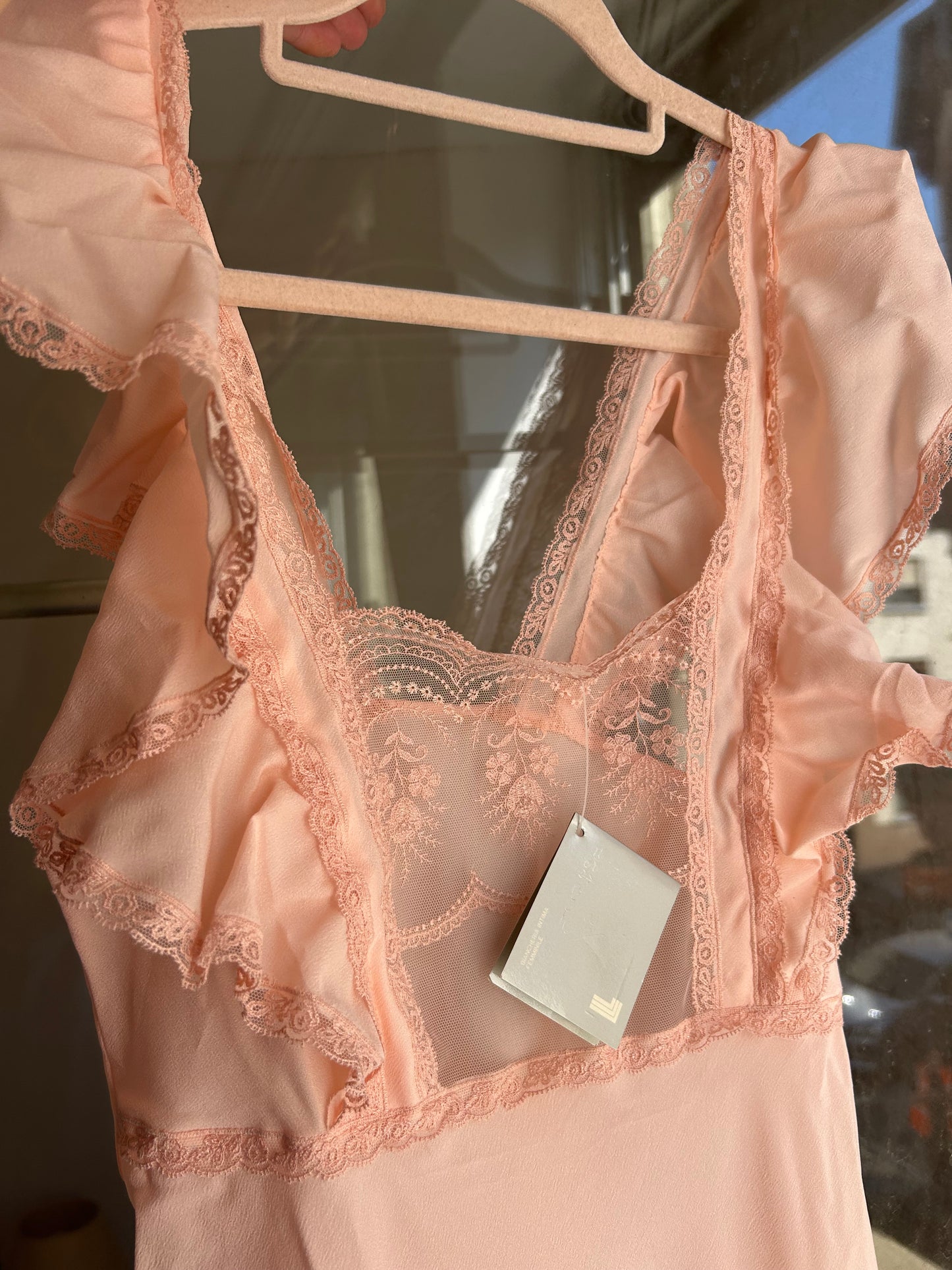 Vintage NWT pink maxi slip dress with lace embroidery/ S