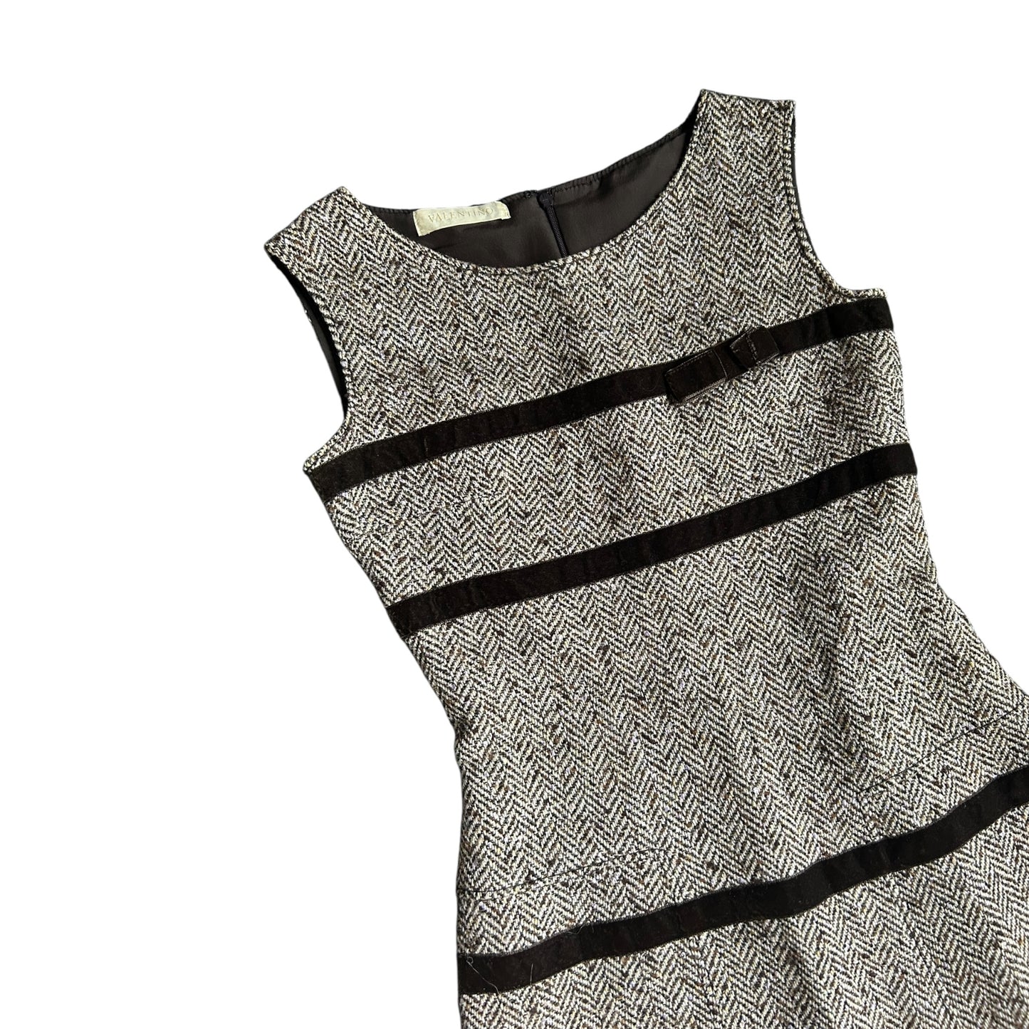 RENTAL ONLY Vintage Valentino 2005 Tweed Dress – Sleeveless A-Line Wool Blend Midi with Black Velvet Trim – Designer Archive Piece