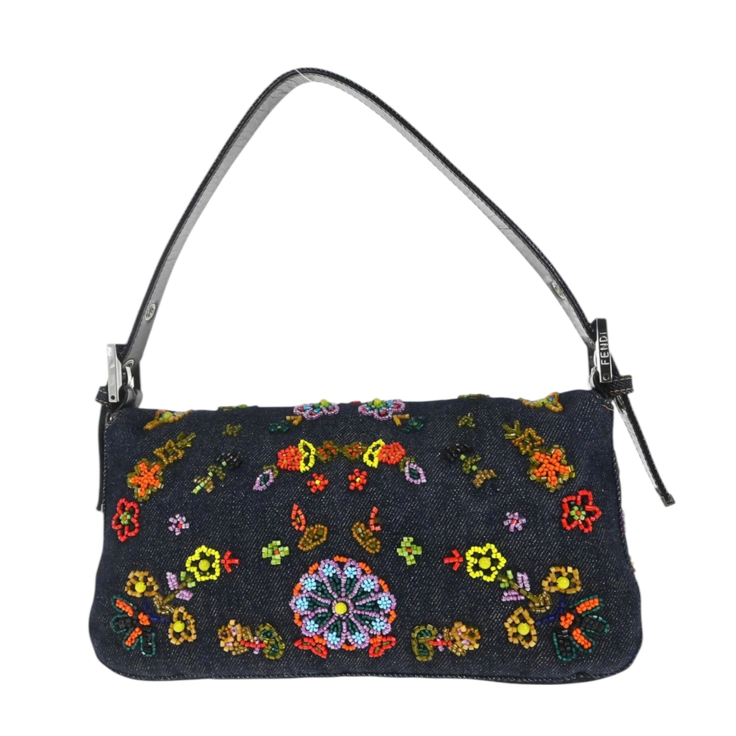 Fendi Baguette Denim Floral Beaded Bag – Vintage Embroidered FF Logo Shoulder Bag