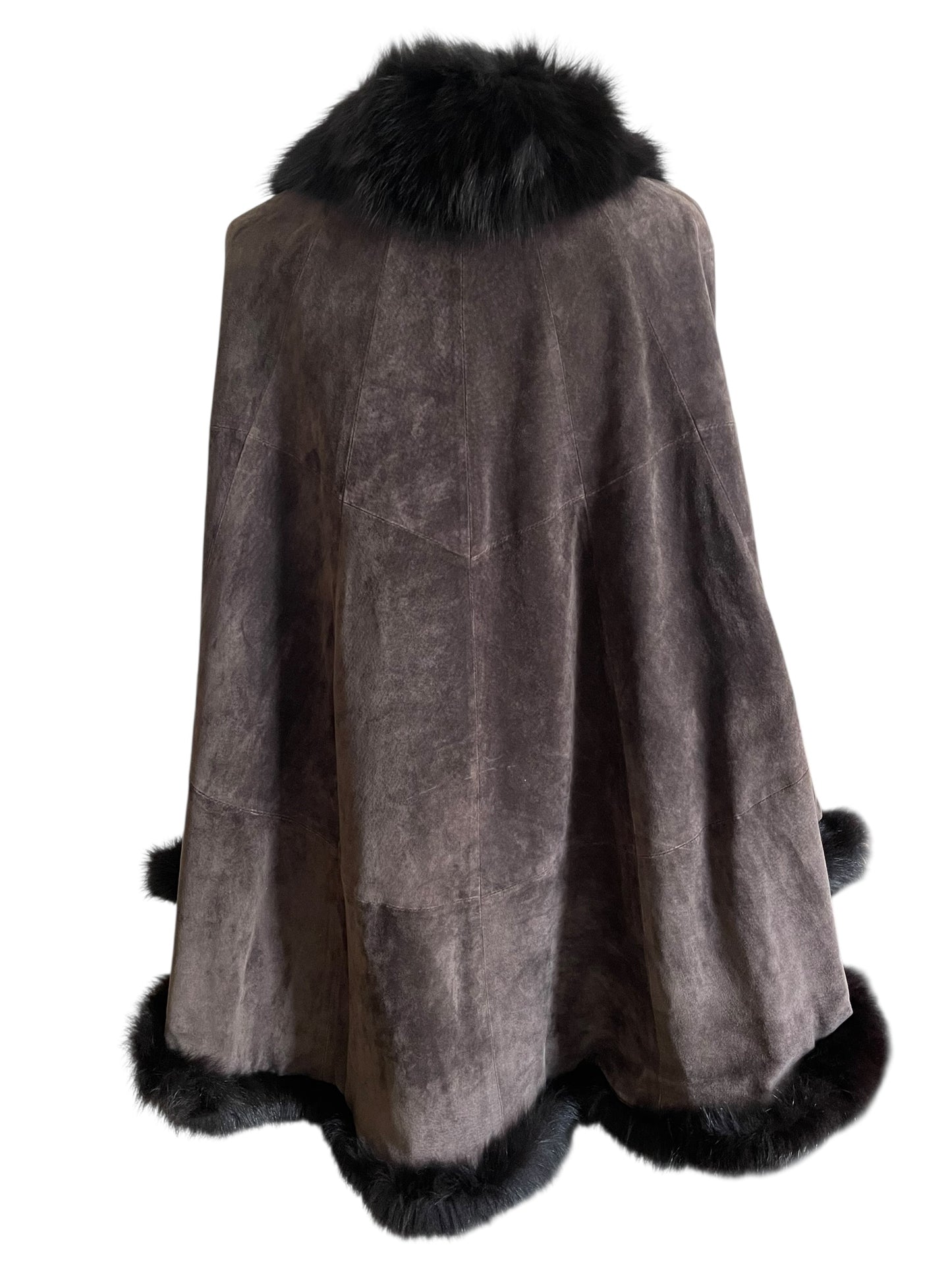 Vintage Brown Suede Cape Coat with Fur Trim – Luxury Women’s Winter Outerwear