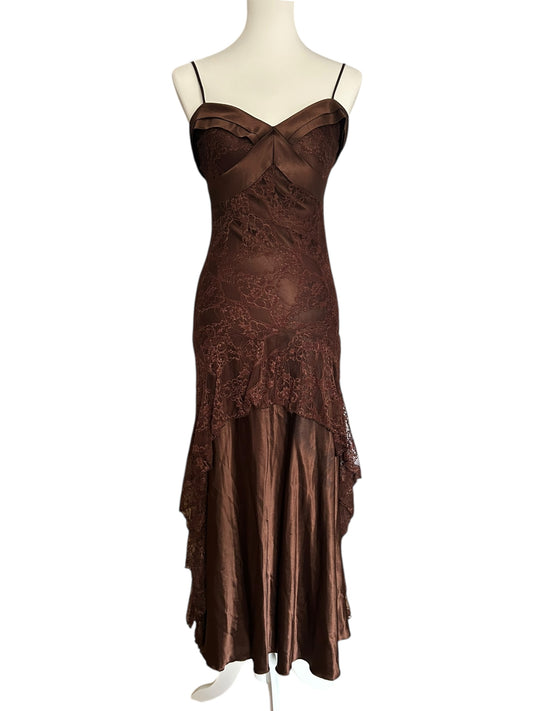Vintage brown maxi satin and lace elegant dress gown with complimentary scarf