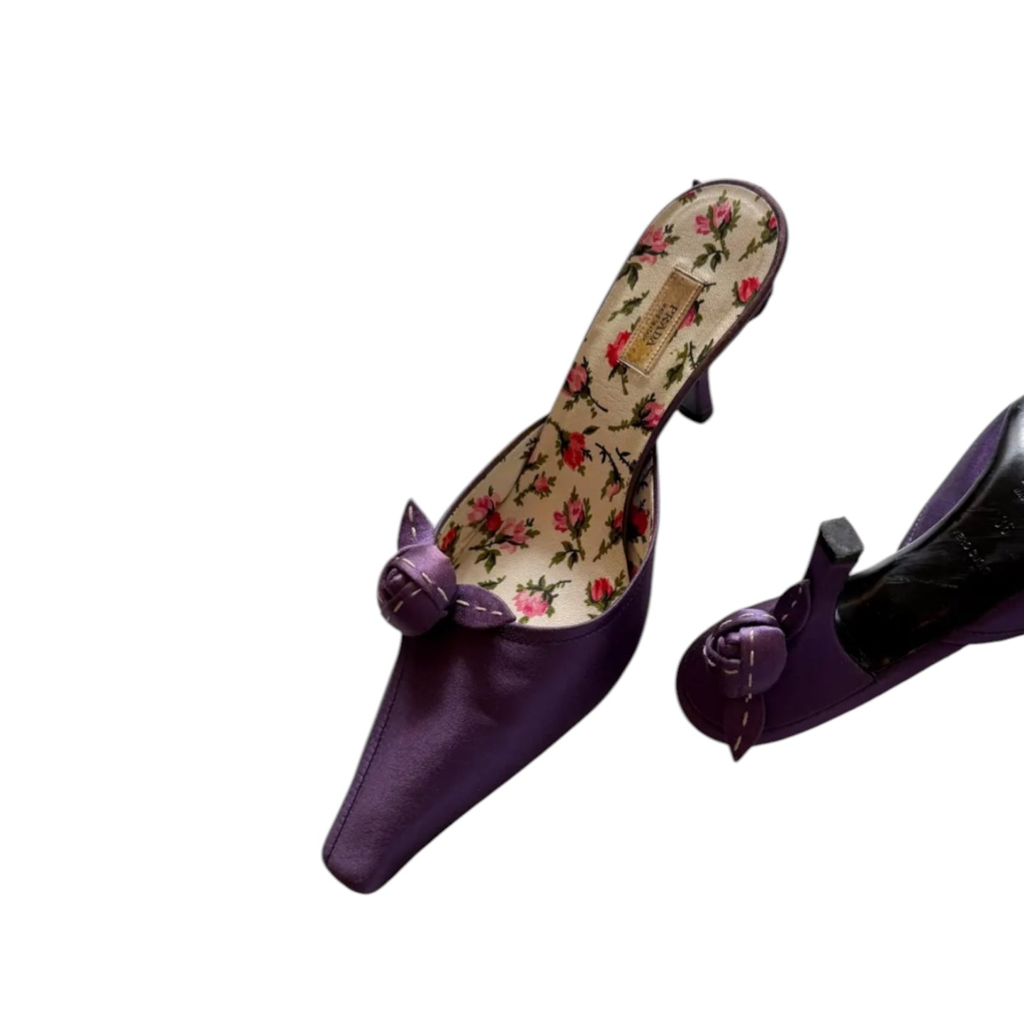 Vintage Prada 2000s Purple Satin Rose Print Mule Heels / 36