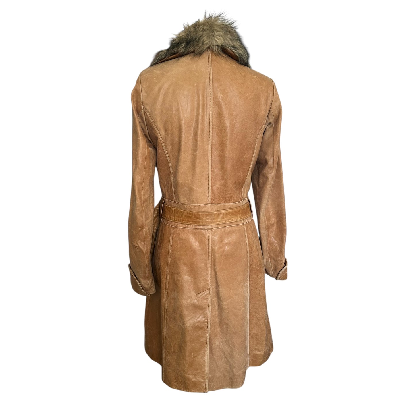 Vintage cognac leather coat washed look with fur detail