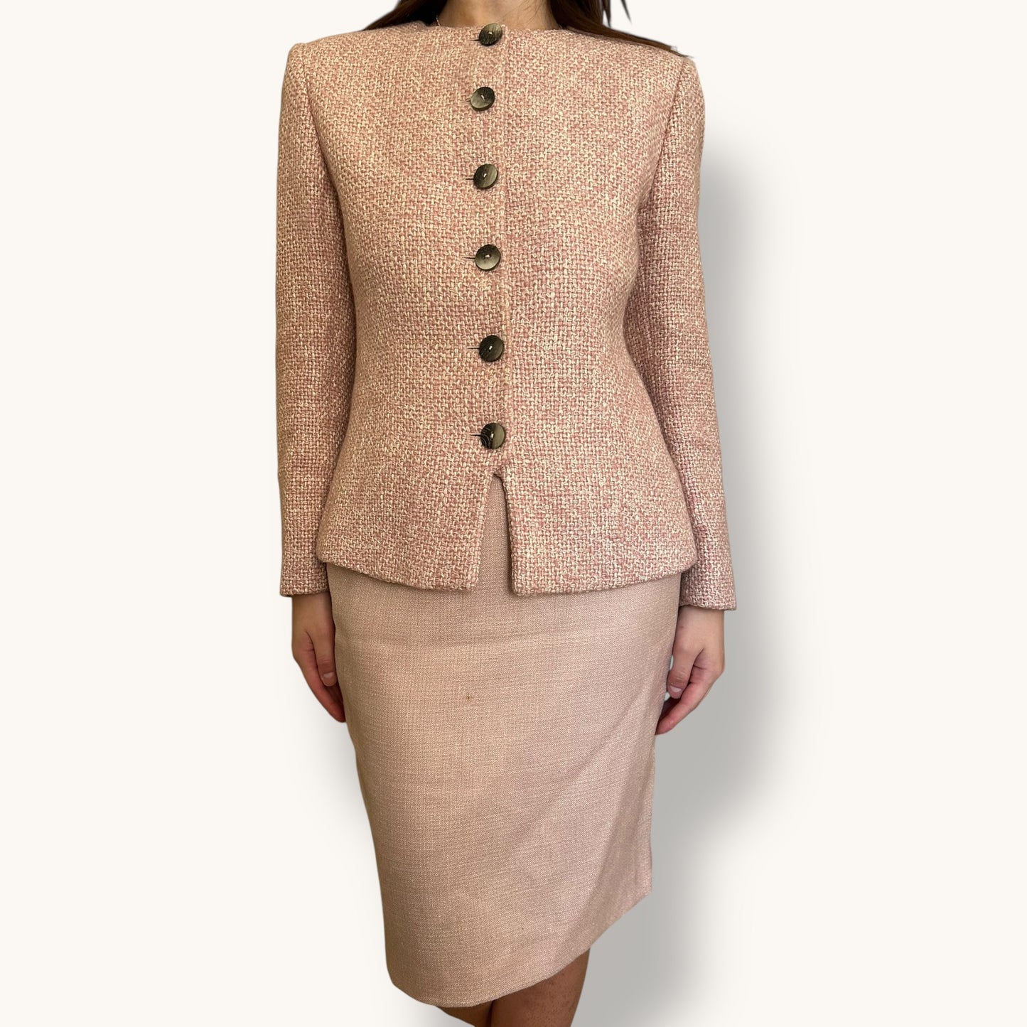 Vintage Valentino wool tweed pink suit skirt set