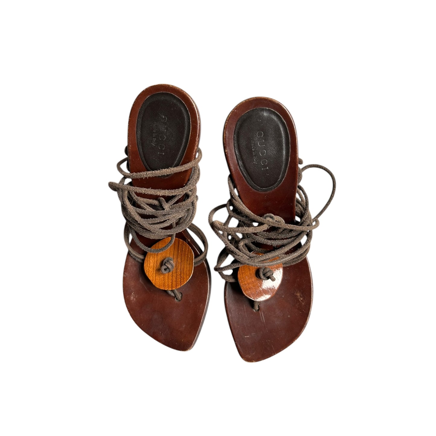 Vintage Gucci rare sandals wood-toned circular accent wrap around heels / 38.5
