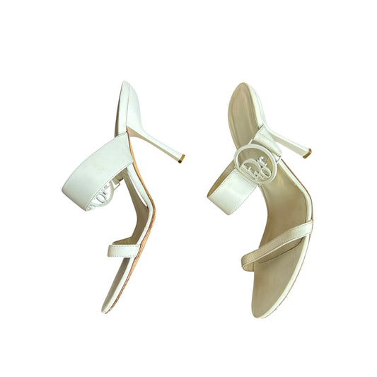 Vintage Dior white leather metal logo mule heels/ 38.5