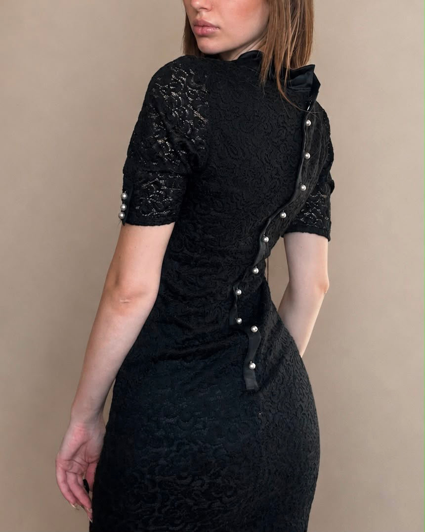 Vintage Dolce&Gabbana black lace midi pearl dress