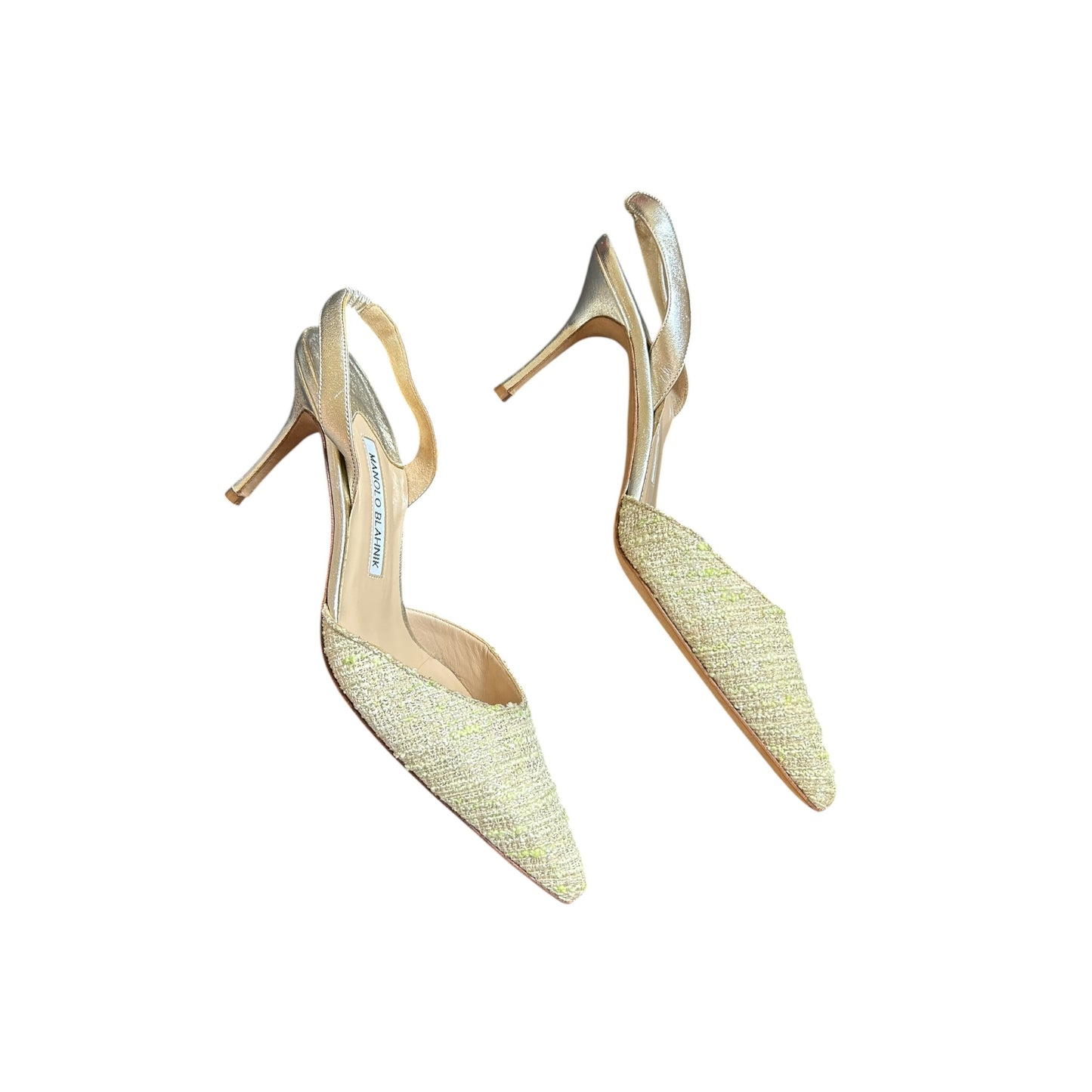 Vintage Manolo Blahnik beige silver canvas slingback heels / 38