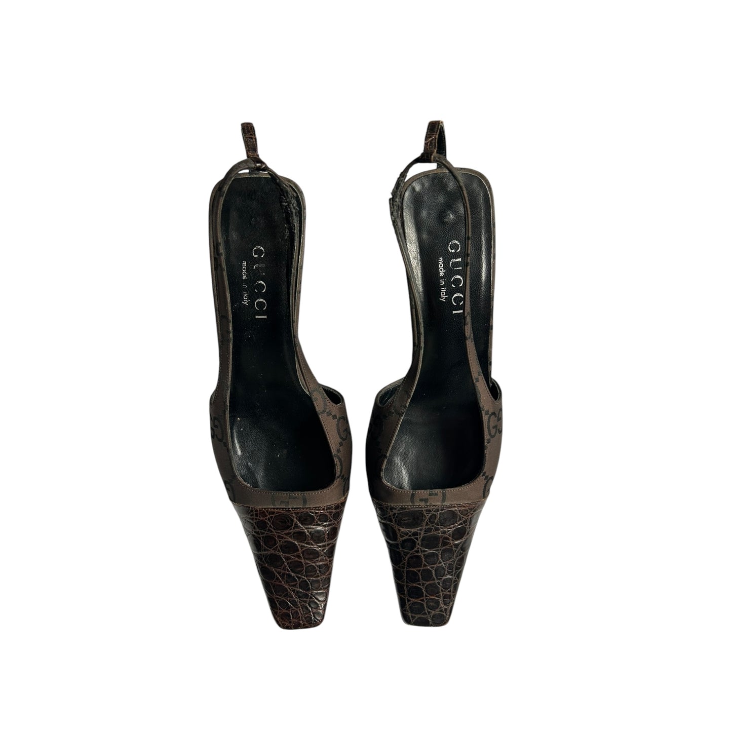 Vintage Gucci by Tom Ford runway 1998 monogram alligator slingback heels / IT 37.5