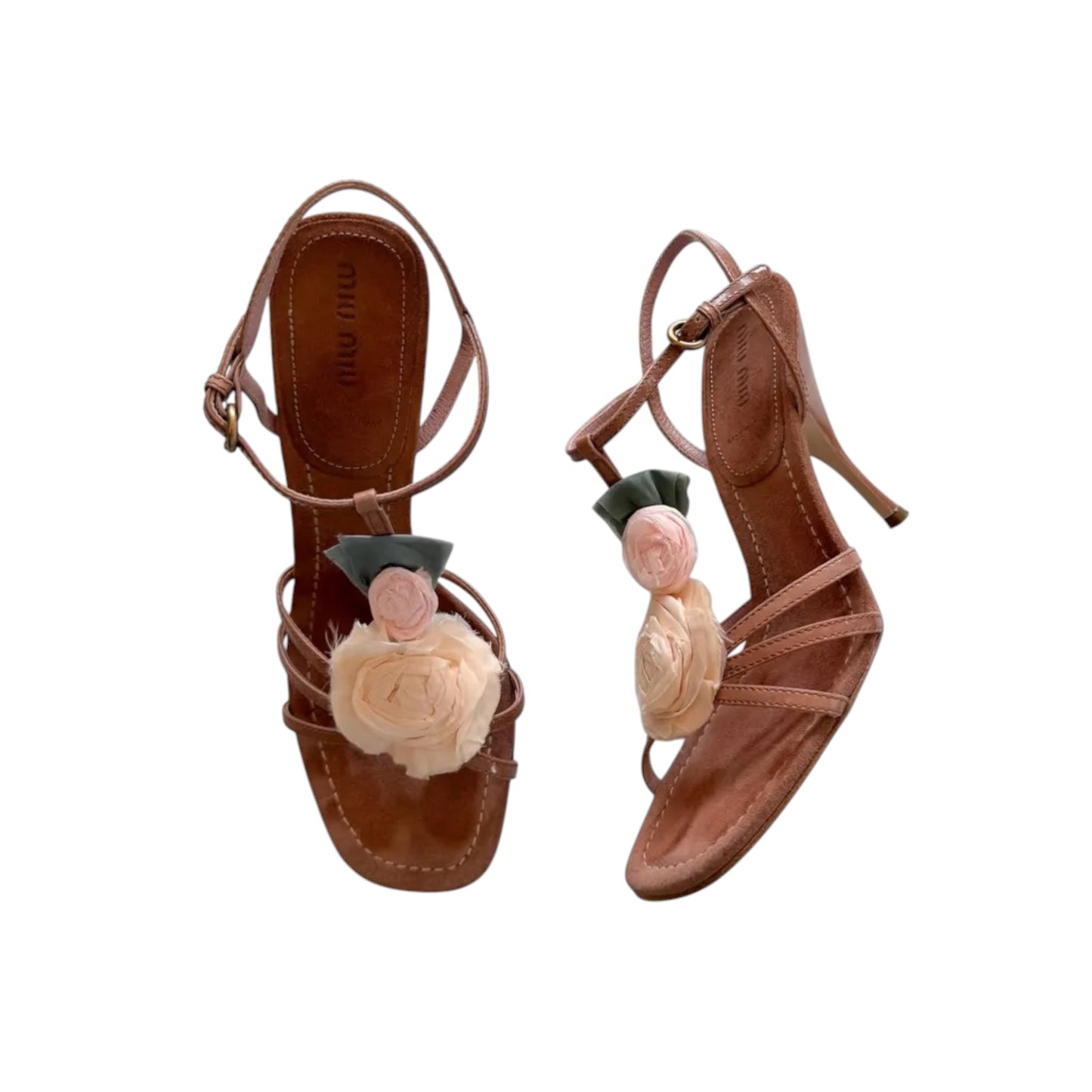 Miu Miu 2000s Silk Rose Floral Leather Strappy Heels / 37.5