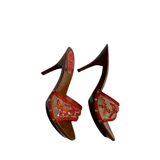 Vintage Rene Caovilla mesh red beaded mule heels / 36