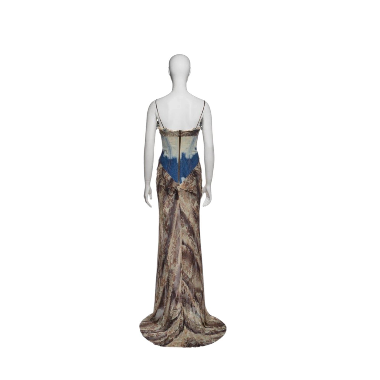 Roberto Cavalli Runway SS2001 Floral Silk Dress with Built-In Bleached Denim Corset