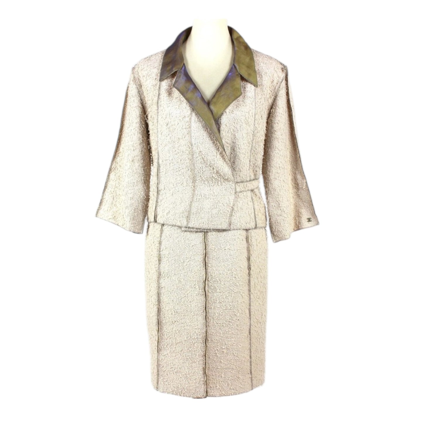 Vintage Chanel 1999 fringed beige gold skirt suit and blazer set with olive satin lining