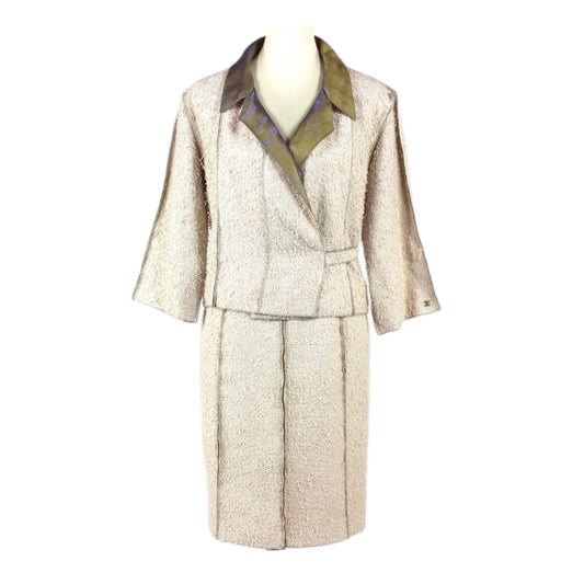 Vintage Chanel 1999 fringed beige gold skirt suit and blazer set with olive satin lining