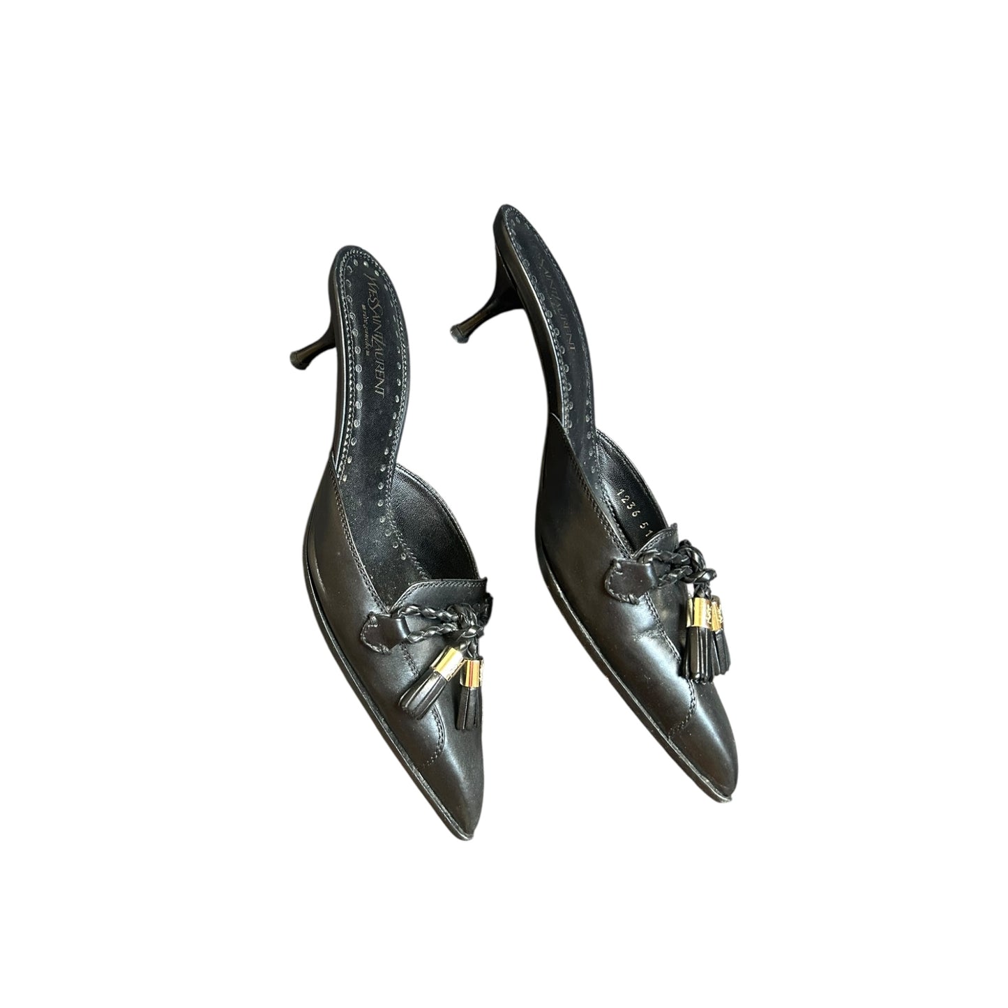 Vintage Yves Saint Laurent black leather tassel mule heels / 37.5