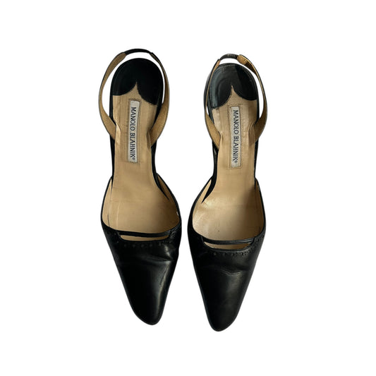 Vintage Manolo Blahnik black leather sling back heels / 37.5