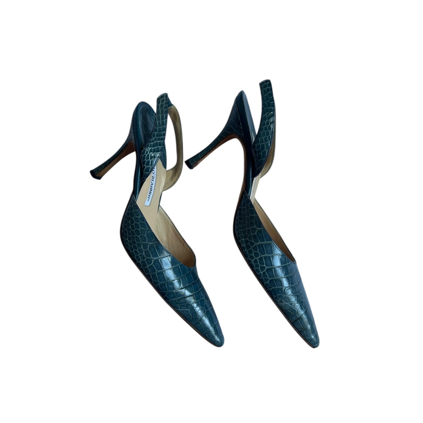 Vintage Manolo Blahnik croc blue Carolyn slingback heels/ 39.5