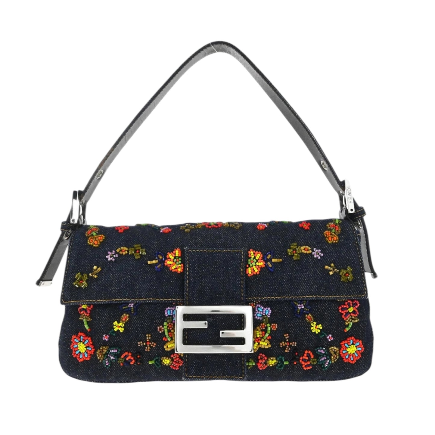 Fendi Baguette Denim Floral Beaded Bag – Vintage Embroidered FF Logo Shoulder Bag
