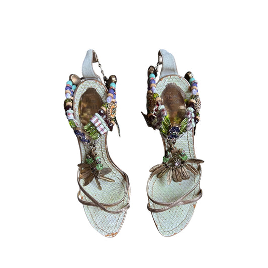 Vintage collector piece Rene Caovilla metallic lizard insole heavy embedded tropical motive sandal heels / 37