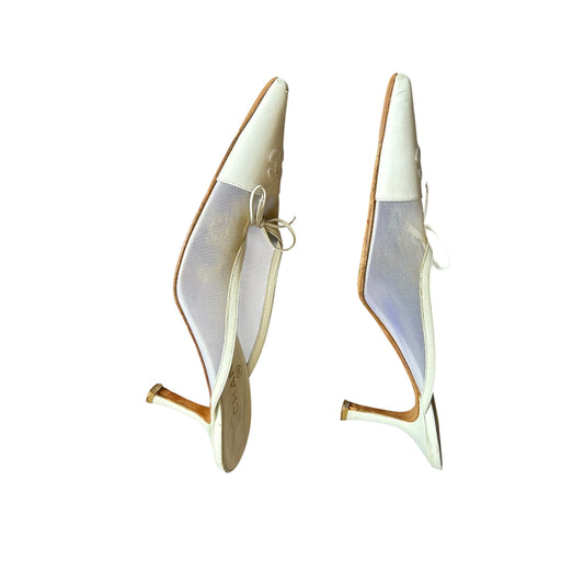 Vintage Chanel mesh CC logo white mule heels / 38.5