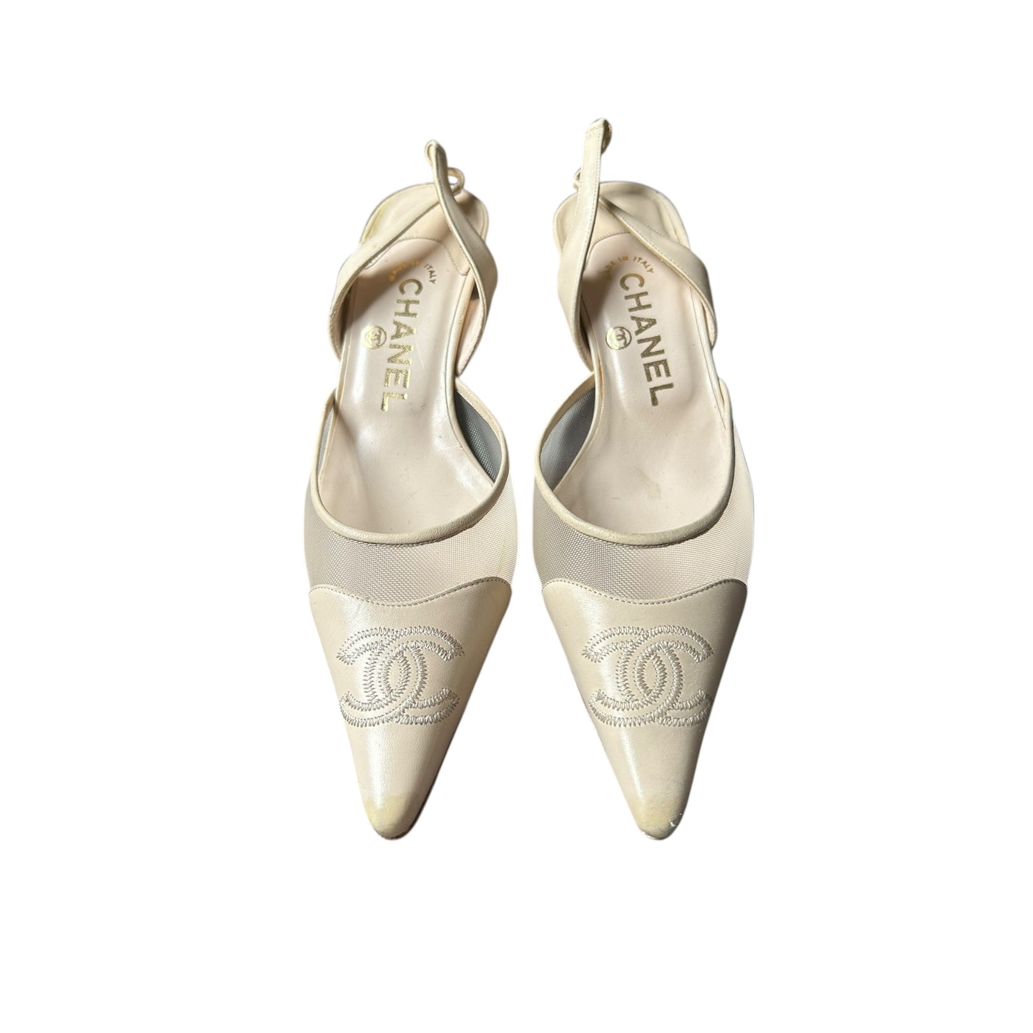 Vintage Chanel CC interlocking logo mesh ivory slingback heels by Karl Lagerfeld/ 36.5
