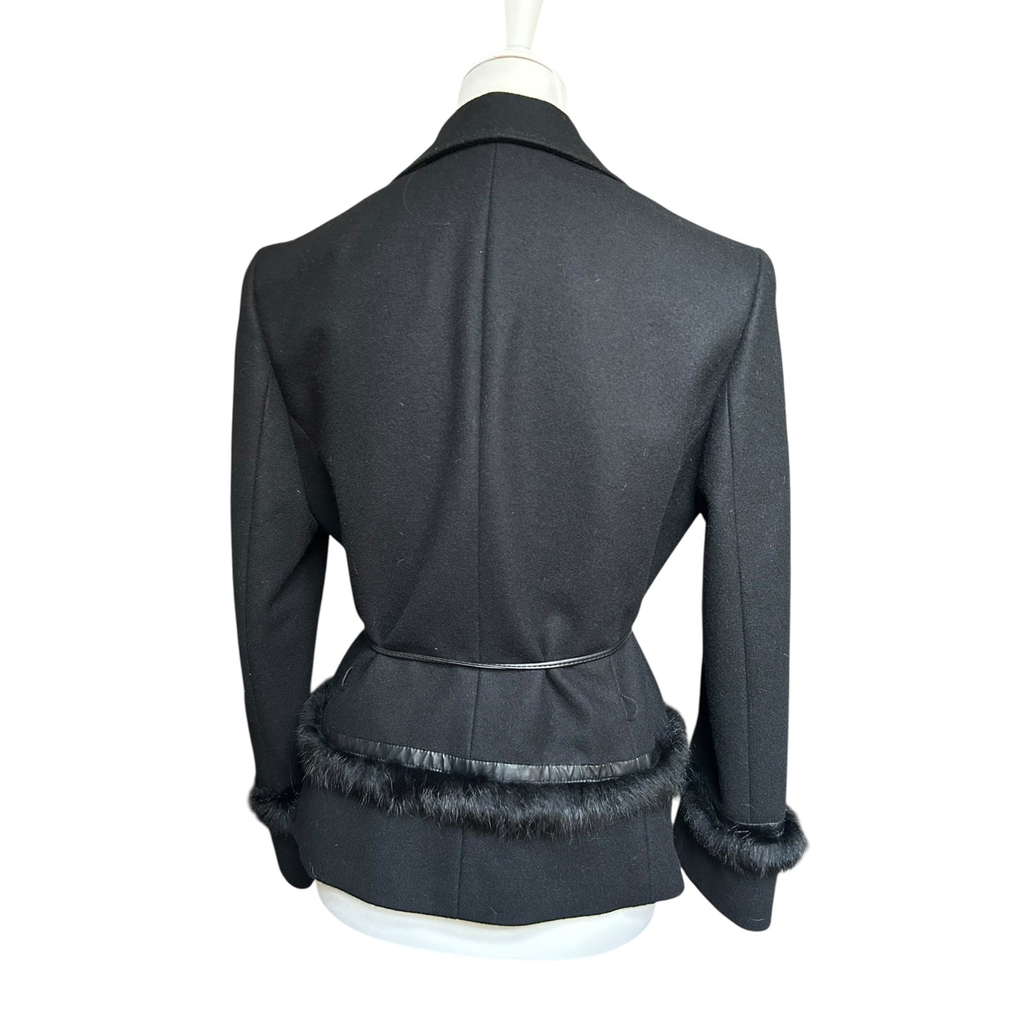 Vintage wool black fur trim belted jacket