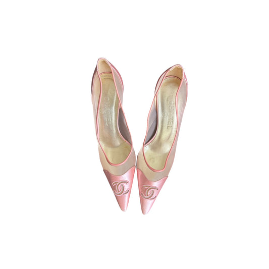 Vintage Rare Chanel CC interlocking logo mesh satin pink heels / 38