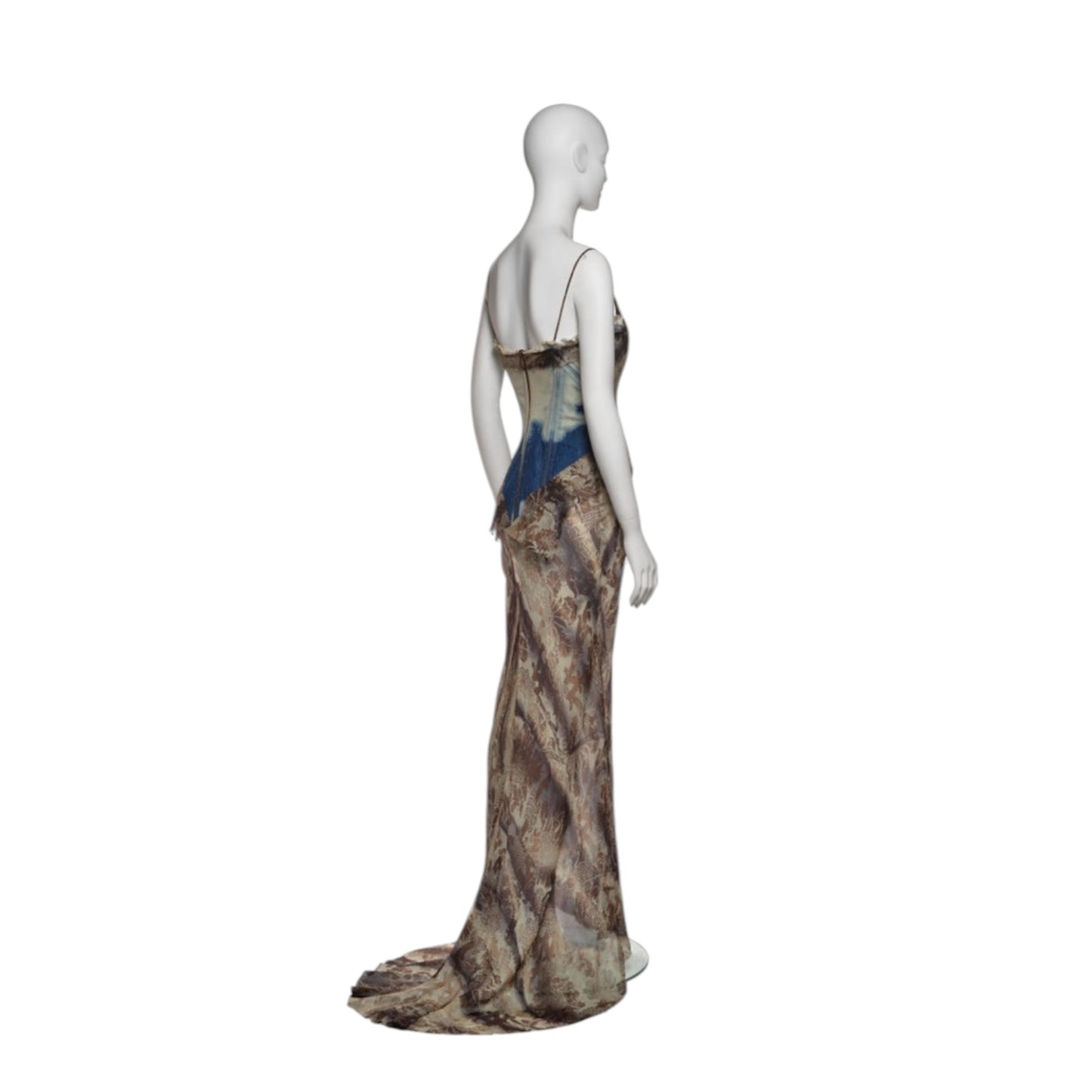 Roberto Cavalli Runway SS2001 Floral Silk Dress with Built-In Bleached Denim Corset