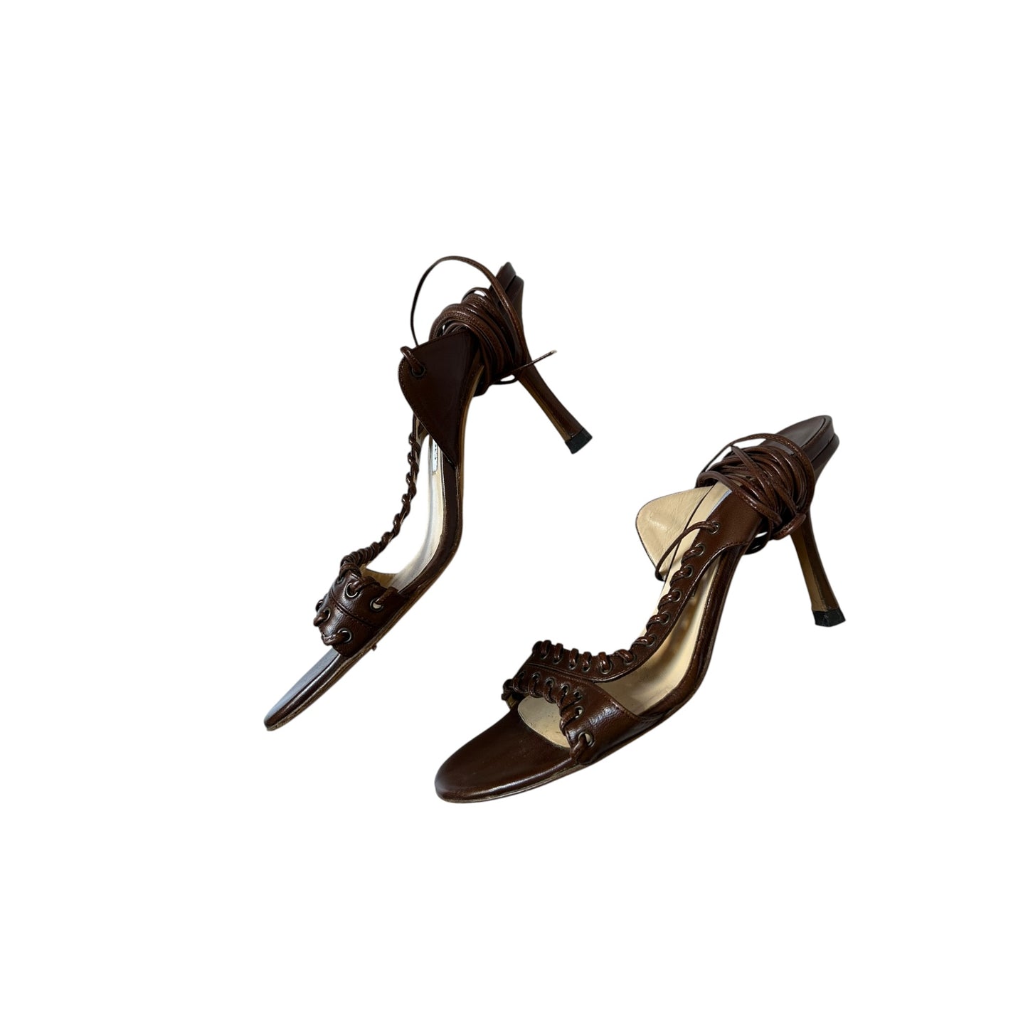 Vintage Jimmy Choo brown leather wrap around heels / 37