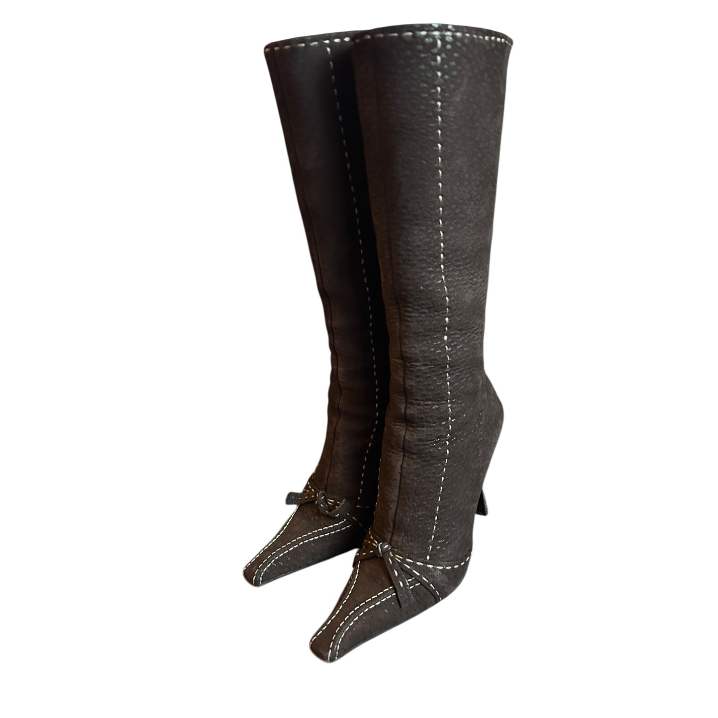 Vintage Prada chocolate brown ostrich leather contrast stitch knee high boots / 37