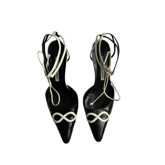 Vintage Manolo Blahnik black and white wrap around heels / 37.5