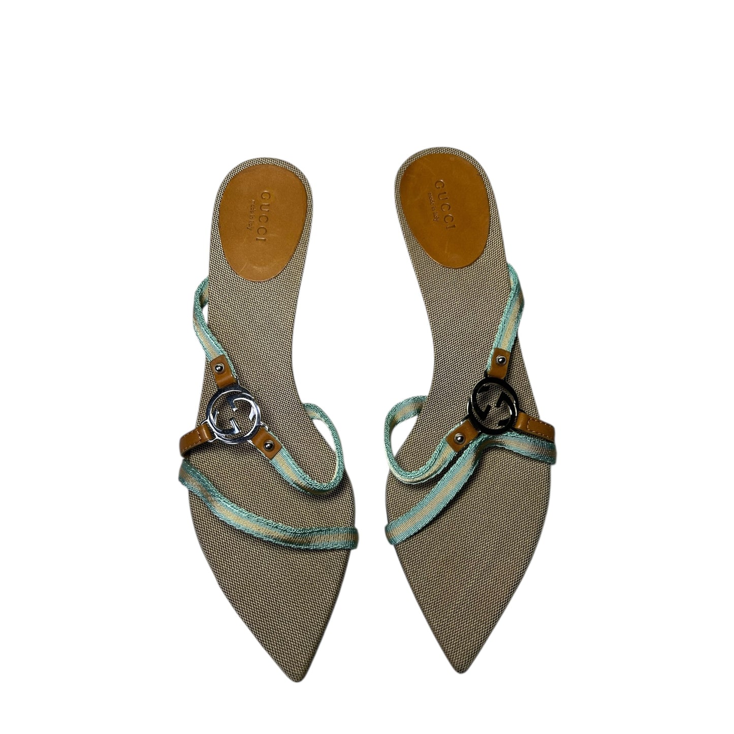 Vintage Gucci by Tom Ford cloth G logo turquoise mule heels / 39