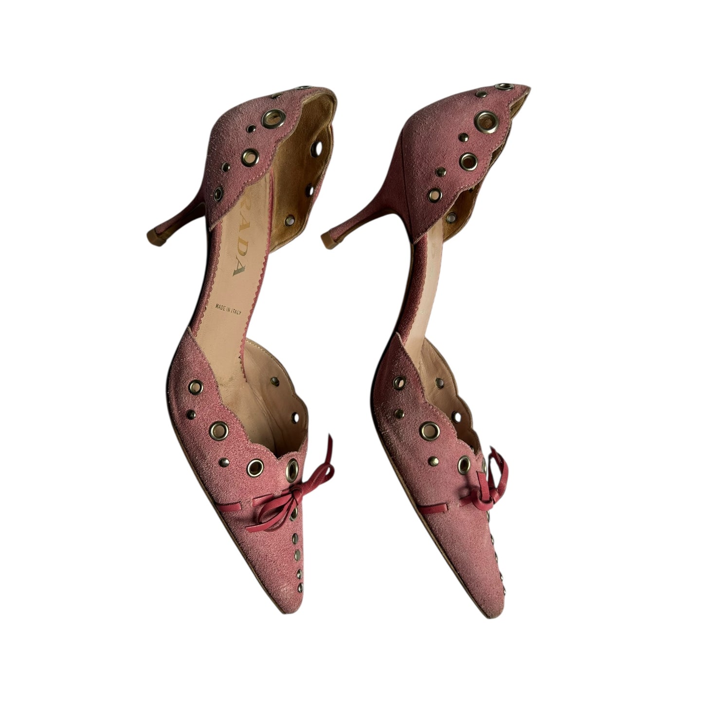 Vintage Prada pink suede eyelet heels / 35.5