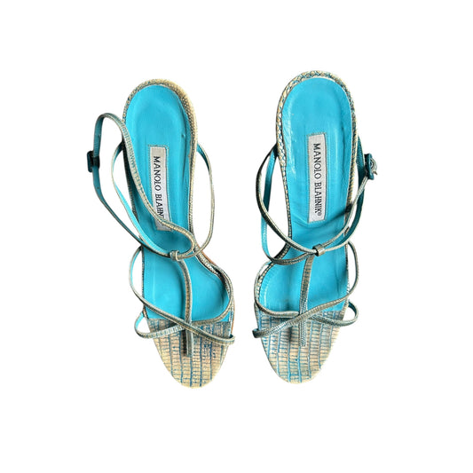 Vintage Manolo Blahnik lizard turquoise strap sandal heels / 37.5