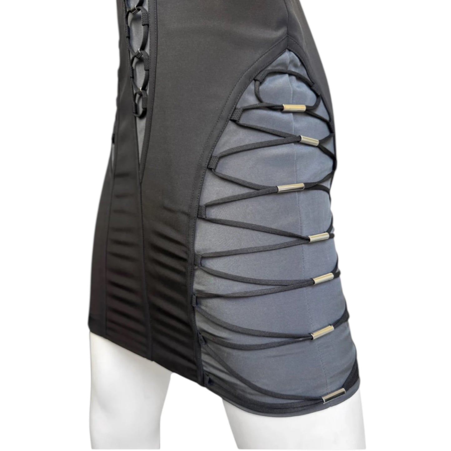 Gucci Spring/Summer 2010 by Frida Giannini
Black & Grey Silk-Blend Cut-Out Lace-Up Futuristic Mini Dress