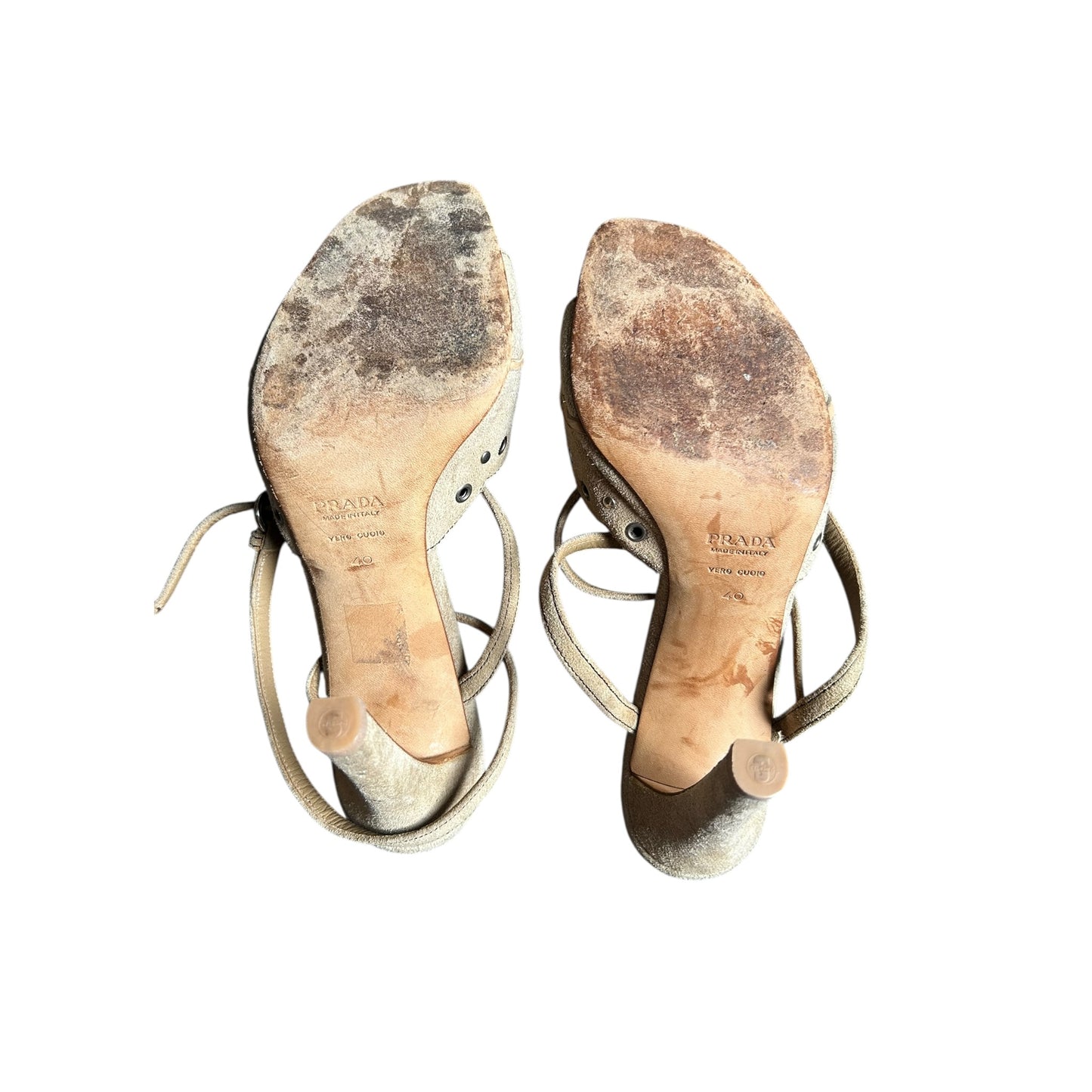 Vintage Prada suede beige eyelet strap sandal heel / 40