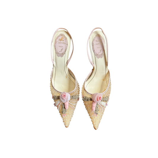 Vintage rare Rene Caovilla rosebud sequined slingback heels / 37