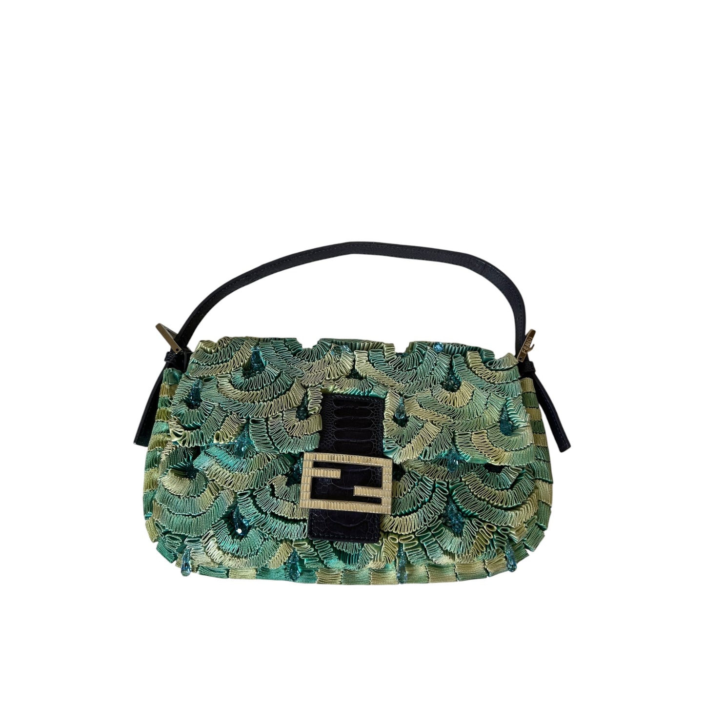 Vintage Fendi Lizard & Ostrich Leg-Trimmed Embellished Baguette 1997