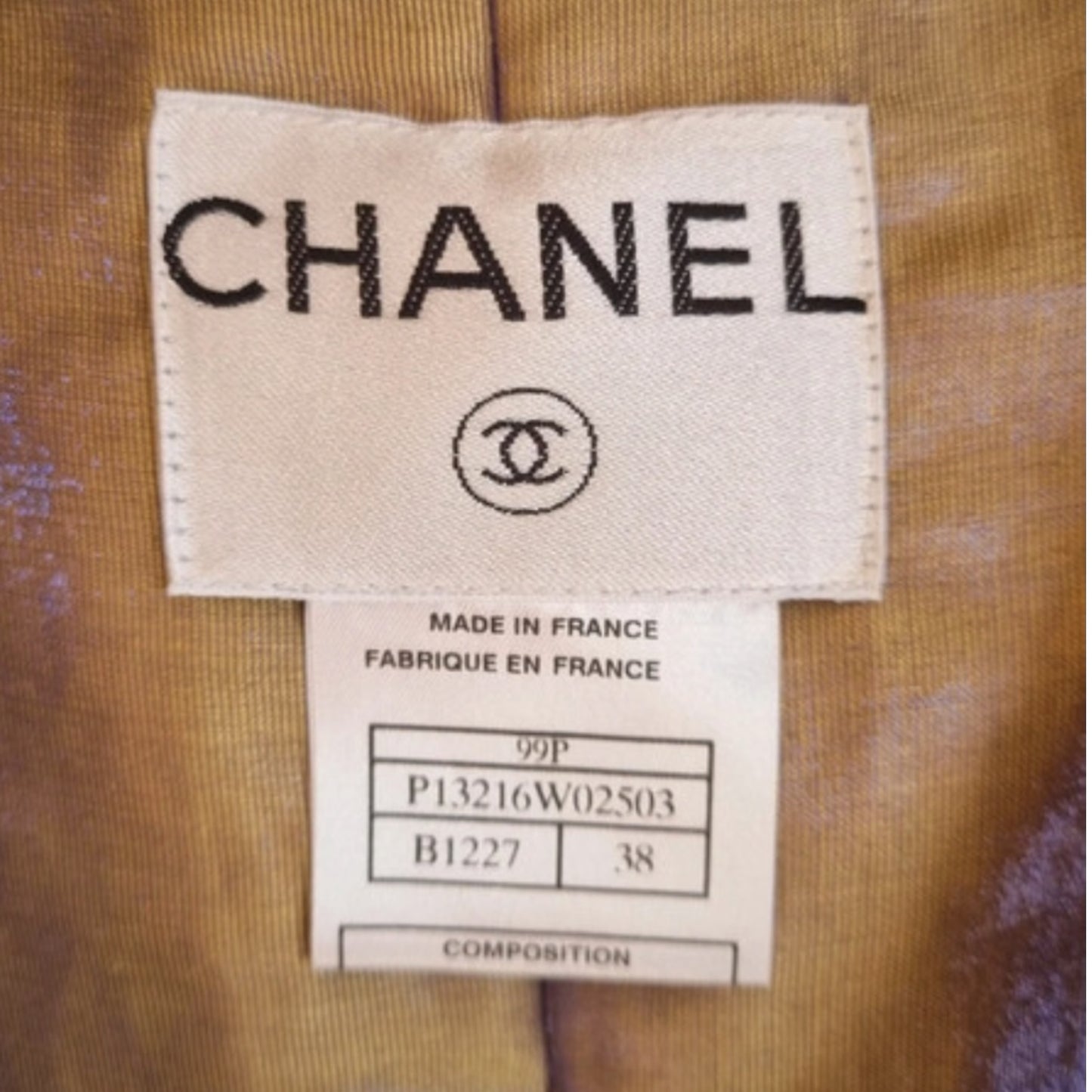 Vintage Chanel 1999 fringed beige gold skirt suit and blazer set with olive satin lining