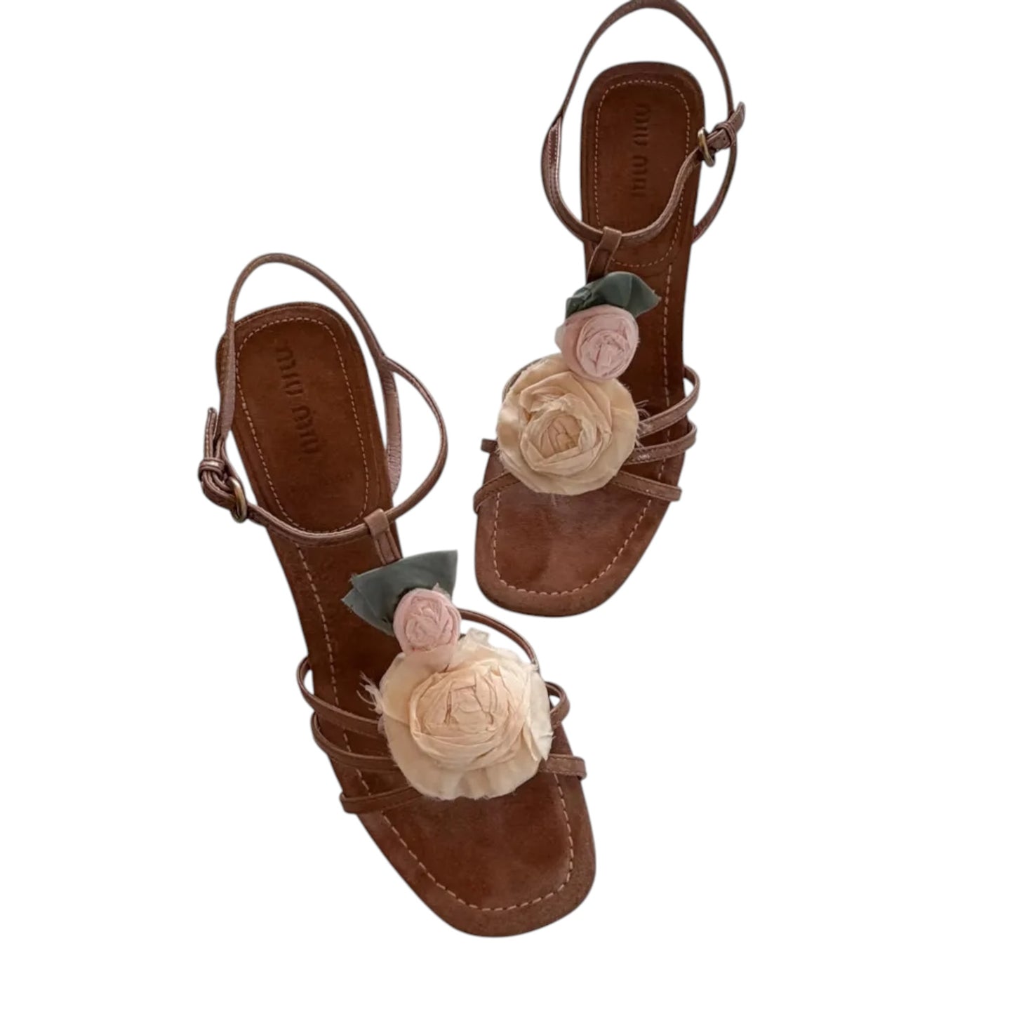 Miu Miu 2000s Silk Rose Floral Leather Strappy Heels / 37.5