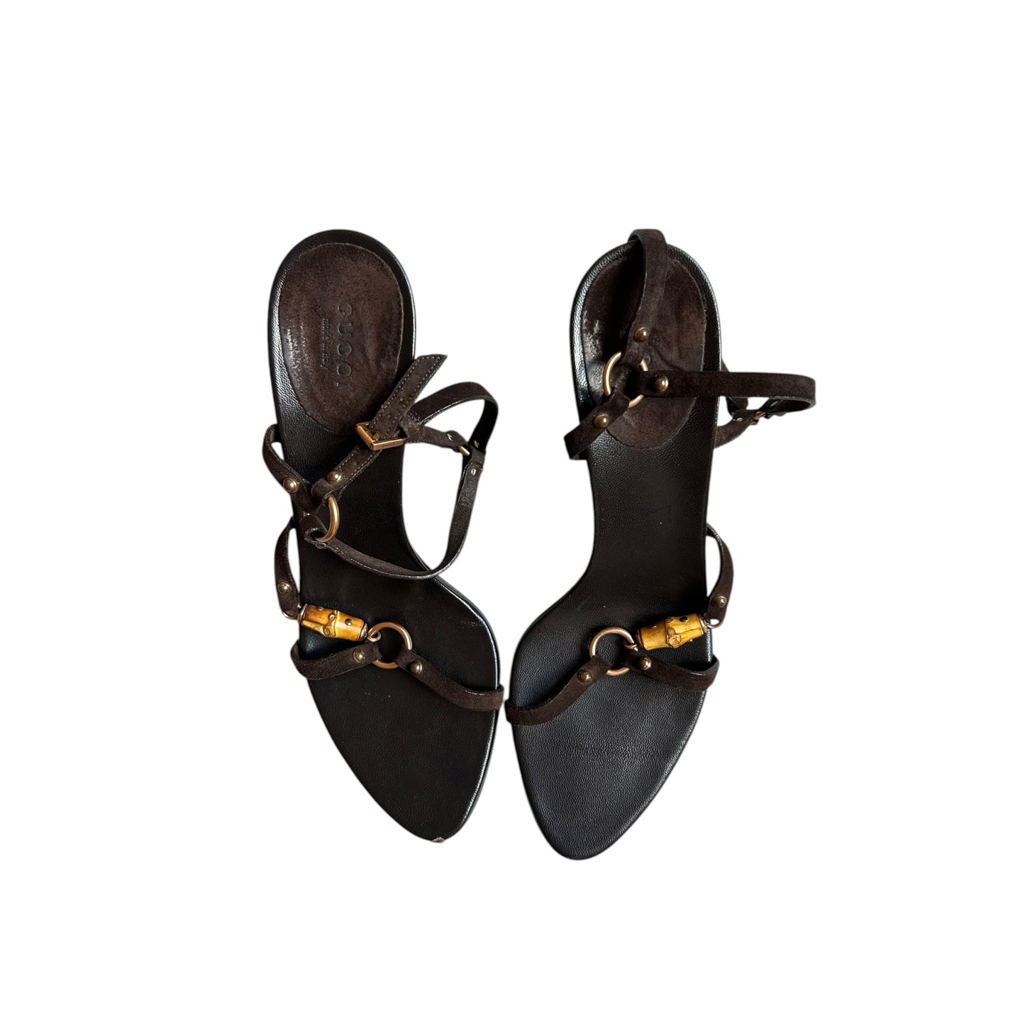Vintage Gucci by Tom Ford brown leather bamboo strap sandal heels / 38
