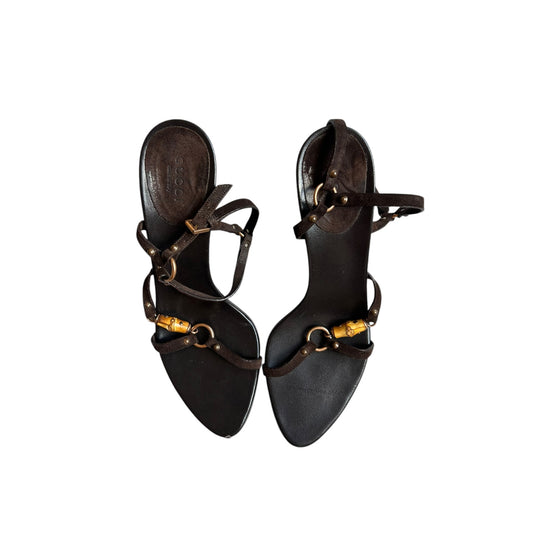 Vintage Gucci by Tom Ford brown leather bamboo strap sandal heels / 38